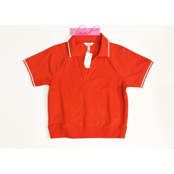 Spanx AirEssentials Pique Polo Top Poppy Striped Sporty Orange V-Neck Textured M - Picture 6 of 10